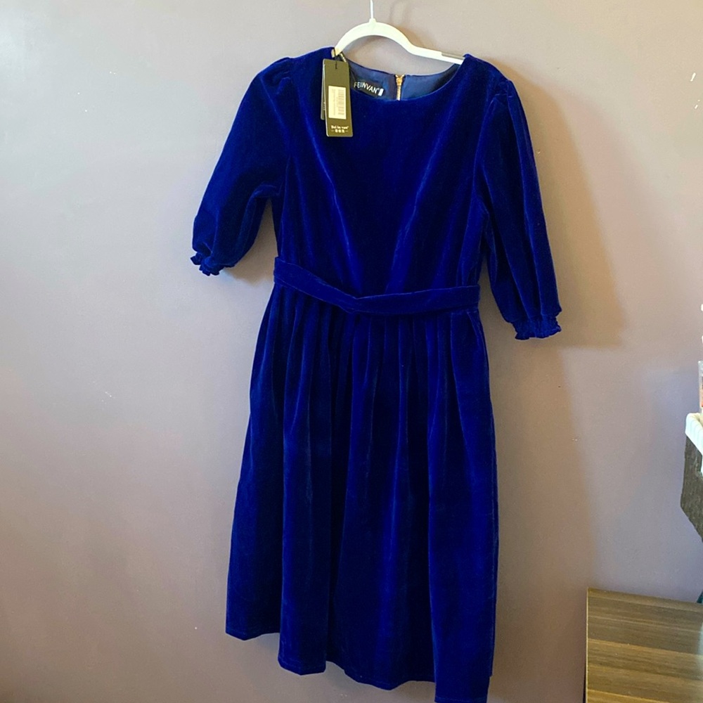 Fei in van Casual Vintage Round Neck Velvet Tunic Swing A-Line Midi Party Dress - Picture 6 of 12
